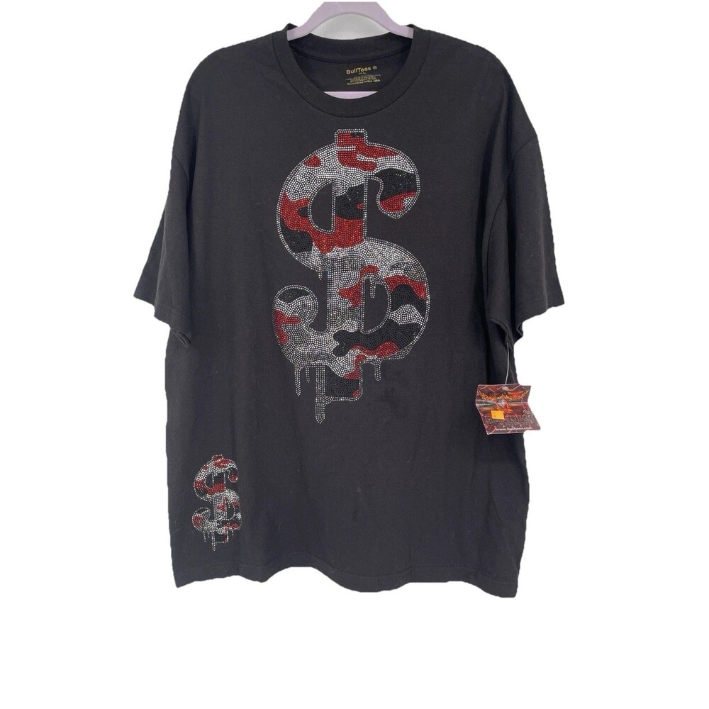 Black Crewneck Bling 3D Dollar Sign Graphic T-Shirt Streetwear Men's Size XL New